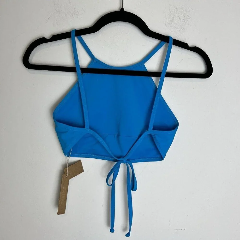 SKIMS Women's Turquoise Blue Swim High Neck Tie Back Bikini Top Size Small NWT